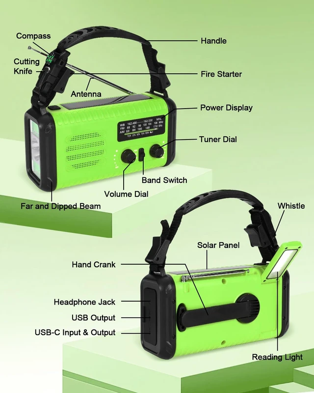 Alt view image 6 of 7 - Emergency Crank Radio, 20000mAh Solar Hand Crank Weather Radio NOAA/AM/FM 74000mWh Battery Powered Radio with Cell Phone Charger, Reading Lamp, Flashlight & SOS for Emergencies/Home (LightGreen)