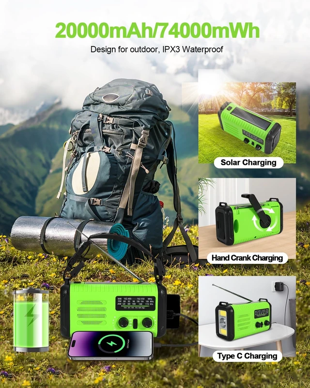 Alt view image 7 of 7 - Emergency Crank Radio, 20000mAh Solar Hand Crank Weather Radio NOAA/AM/FM 74000mWh Battery Powered Radio with Cell Phone Charger, Reading Lamp, Flashlight & SOS for Emergencies/Home (LightGreen)