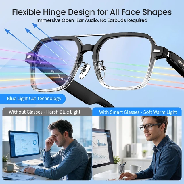 Alt view image 4 of 7 - Aviator Smart Glasses, Photochromic Lens, Bluetooth 5.3 Open-Ear Audio Wear-Sensing Auto On/Off, Music, Hands-Free Calls, UV/Blue Light Protection, 30g Ultra-Light Sunglasses for Travel & Daily