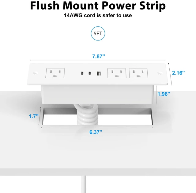Alt view image 2 of 7 - Drawer Outlet kit, Furniture Recessed Power Strip ETL Listed. White Flush Mount Charging Station with (3) PD 20W USB Ports & (3) 15A Plug for Cabinet in Desk Electrical Outlet