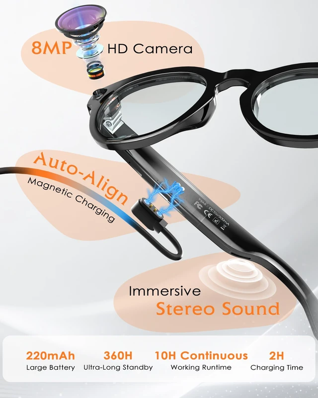 Alt view image 3 of 7 - Smart Glasses with Camera and Audio 8MP HD Camera Smart Glasses for Men Bluelight Glasses 1080P Video Recording AI Glasses, Real Time Translation, Voice Assistant
