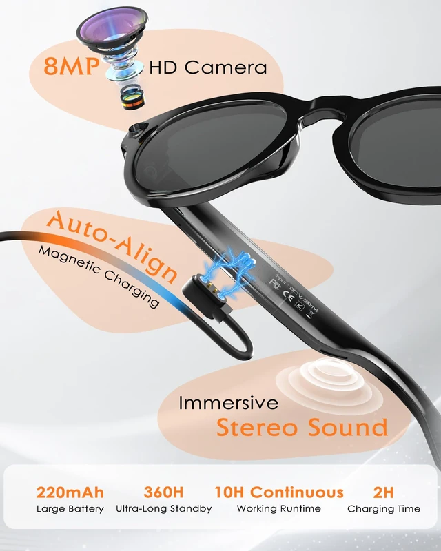 Alt view image 4 of 7 - Smart Glasses with Camera and Audio 8MP HD Camera Smart Glasses for Men Sunglasses 1080P Video Recording AI Glasses, Real Time Translation, Voice Assistant