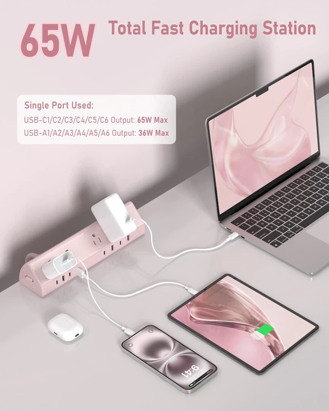 Alt view image 2 of 6 - Desk Clamp Power Strip USB C 65W,Surge Protector,Pink Surge Protector,5 Outlets,1875W Extension Cord,ETL Listed,Outlet Extender Desk Organizer,Office,Gaming,Dorm