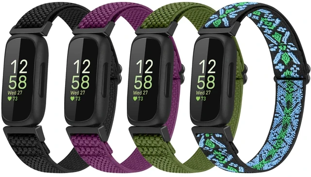 Main image of 4 Pack Bands Compatible with Fitbit Inspire 3/Inspire 2/Inspire/Inspire HR/Ace 3/Ace 2 Band, Elastic Adjustable Nylon Loop Straps Replacement Sport Stretchy Wristband for Women Men