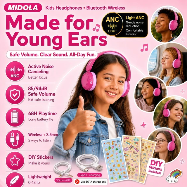 Alt view image 2 of 7 - Kids Bluetooth Headphones Wireless Over-Ear,Active Noise Cancelling,Pink 68Hrs,Volume Limit 85/94dB,Built-in Mic,Adjustable Headband Foldable Lightweight for Toddler School Girls Boys,Stereo Sound