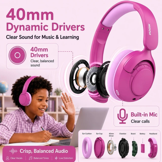 Alt view image 7 of 7 - Kids Bluetooth Headphones Wireless Over-Ear,Active Noise Cancelling,Pink 68Hrs,Volume Limit 85/94dB,Built-in Mic,Adjustable Headband Foldable Lightweight for Toddler School Girls Boys,Stereo Sound