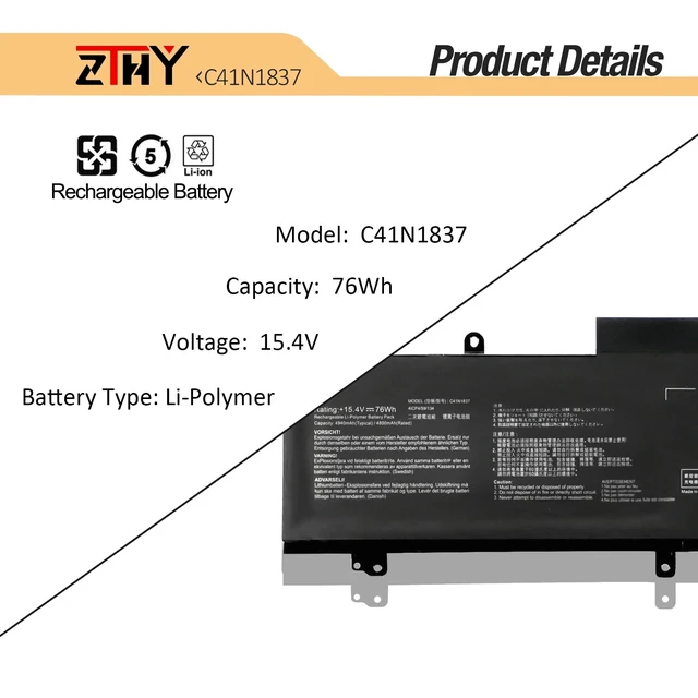 Alt view image 3 of 7 - 76Wh C41N1837 Laptop Battery Replacement for Asus Rog Zephyrus GA502 GU502 GX502 GU532 GX532 GA501I GA502IU GA502GU GA502IV GA532DU GU502DU GU502GU GU502GV GU502LW GU532LV GU532GU GX502GW 15.4V