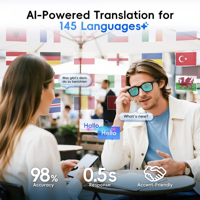 Alt view image 3 of 7 - AI Glasses, Smart Glasses Powered by ChatGPT, Real-Time AI Translation Polarized lens, AI translation in 145 languages, Handsfree calls, Immersive audio, Holds AI conversations, 11H Playtime