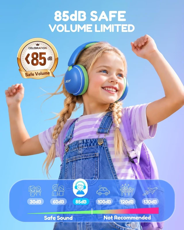 Alt view image 3 of 7 - OHR727 Kids Bluetooth Headphones Travel, OverEar Comfort Design 85dB Safe Volume, 110H Playtime with LED Lights, Bluetooth 6.0, Built-in Mic, for iPad Tablet Travel School Blue Green