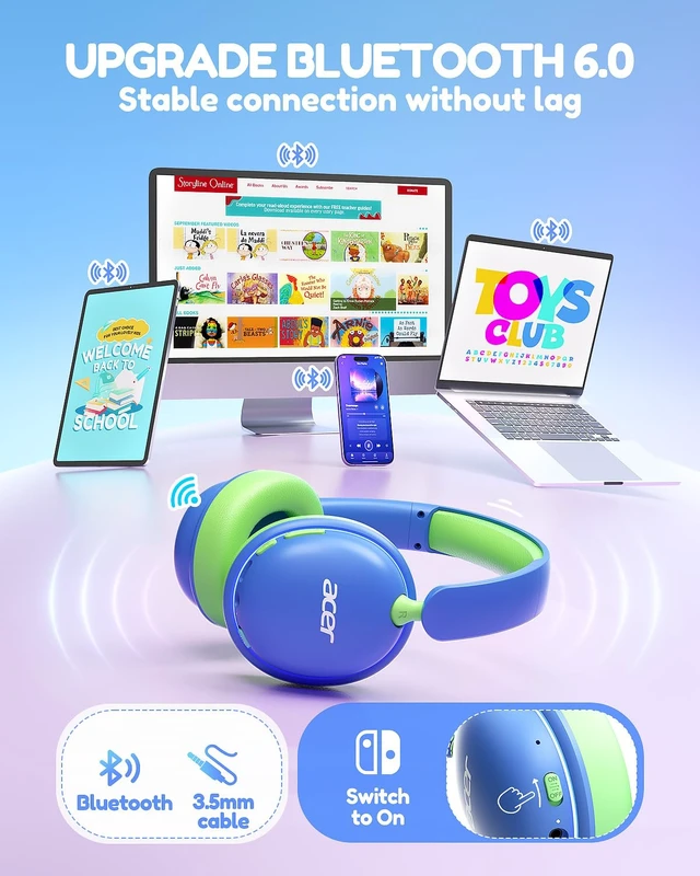 Alt view image 7 of 7 - OHR727 Kids Bluetooth Headphones Travel, OverEar Comfort Design 85dB Safe Volume, 110H Playtime with LED Lights, Bluetooth 6.0, Built-in Mic, for iPad Tablet Travel School Blue Green
