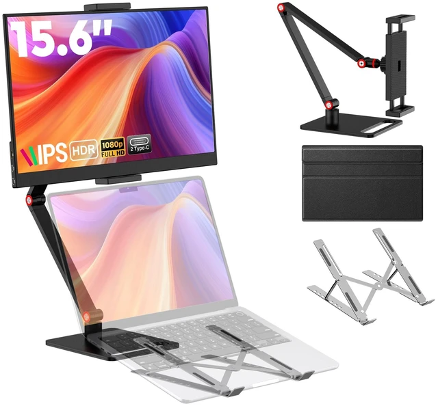 Main image of 15.6 Portable Monitor with Adjustable Stand, 1080P FHD IPS Screen Extender, Laptop Stand & Smart Cover Included, Ultra Slim Travel Monitor with Eye Protection, Plug and Play for Laptop/PC/Mac