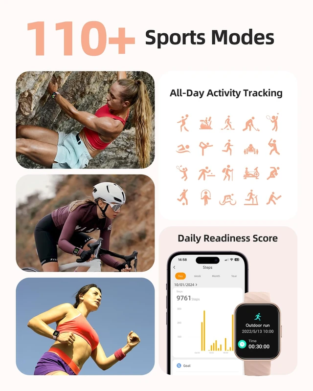 Alt view image 3 of 7 - Smart Watch, 5ATM Waterproof Watch for Swimming, 110+ Sport Modes Fitness Activity Tracker, Heart Rate/Sleep/SpO2/Calories Monitor, Pedometer, Fitness Watch for Android & iPhone, Rose Gold