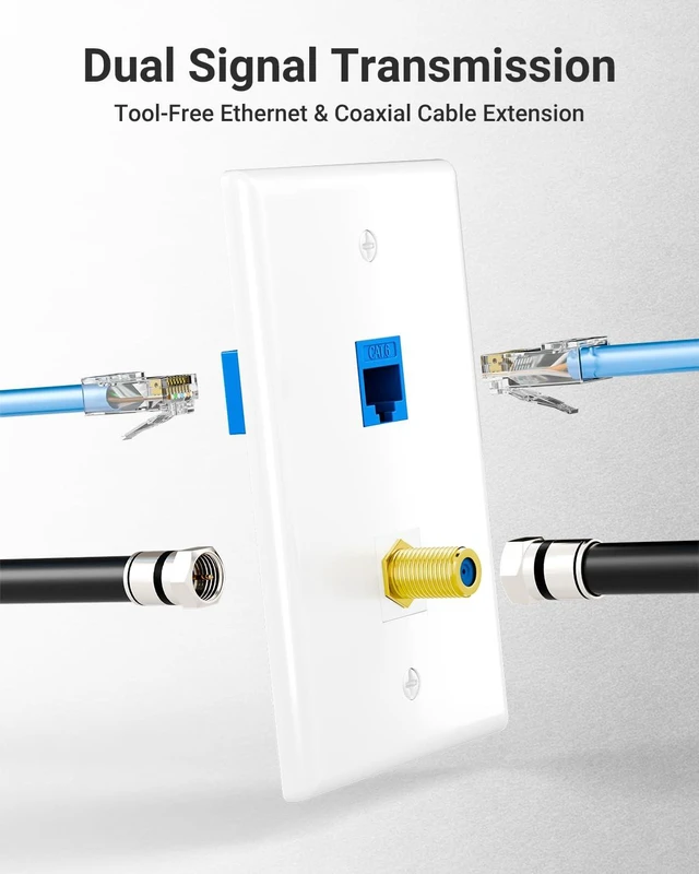 Alt view image 2 of 7 - UL Listed Coax and Ethernet Wall Plate CAT6, Blue 2-Pack UL Listed for Safety, 3Ghz Coax and 1000Mbps Ethernet, Gold Plated Keystone Jacks
