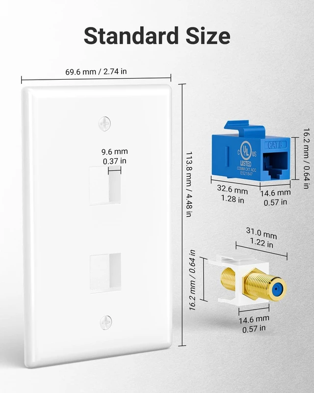 Alt view image 6 of 7 - UL Listed Coax and Ethernet Wall Plate CAT6, Blue 2-Pack UL Listed for Safety, 3Ghz Coax and 1000Mbps Ethernet, Gold Plated Keystone Jacks