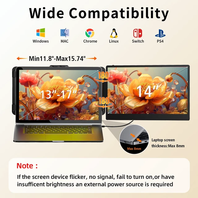 Alt view image 3 of 6 - Laptop Screen Extender Monitor - 14 Inch Portable IPS FHD 1080P HDMI/USB-A/Type-C Dual Extended Monitor for Laptops (Maximum Length: 15.94") Compatible with Windows Mac Travel Gaming Work