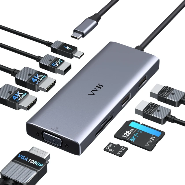Main image of Laptop Docking Station 3 Monitor USB C Docking Station Dual Monitor Adapter USB C Hub Multiple Adapter Dongle with 2 HDMI 4K+VGA+100W PD Charger+3 USB Port+SD/TF Card Reader for Lenovo Dell HP Laptop