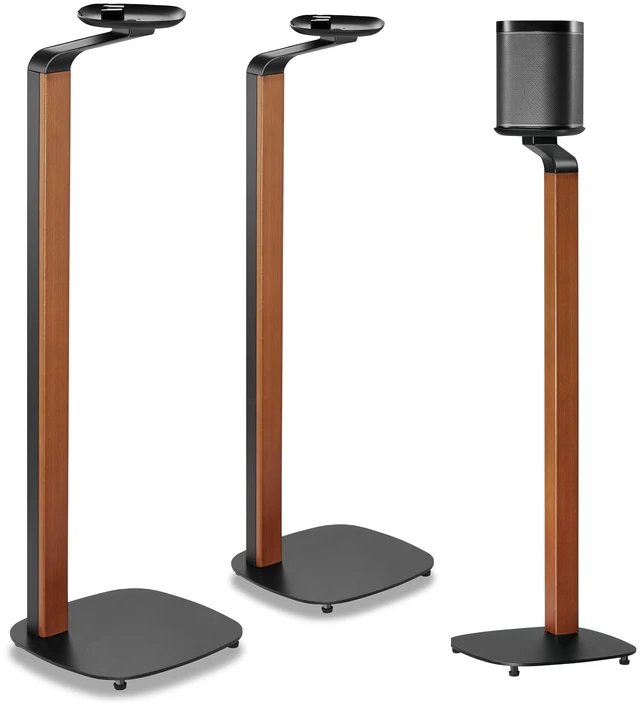Main image of Wood Speaker Stands for Sonos One, SL, Play:1, Pair 30.75" floor standing for SONOS One, One SL, and Play:1 Speakers, 22 lb capacity, cable management, walnut wood & black metal