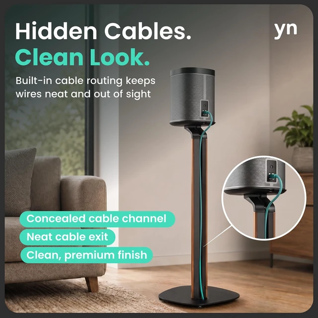 Alt view image 2 of 7 - Wood Speaker Stands for Sonos One, SL, Play:1, Pair 30.75" floor standing for SONOS One, One SL, and Play:1 Speakers, 22 lb capacity, cable management, walnut wood & black metal