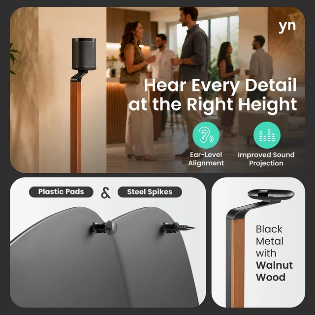 Alt view image 5 of 7 - Wood Speaker Stands for Sonos One, SL, Play:1, Pair 30.75" floor standing for SONOS One, One SL, and Play:1 Speakers, 22 lb capacity, cable management, walnut wood & black metal