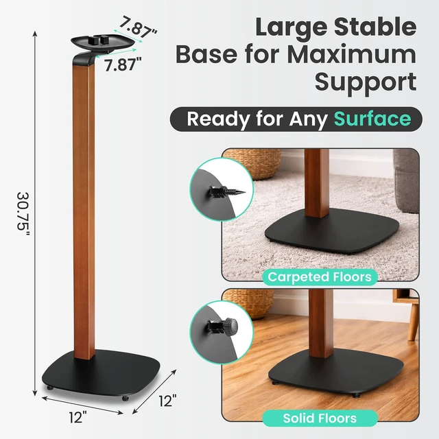 Alt view image 4 of 7 - Wood Speaker Stands for Sonos One, SL, Play:1, Pair 30.75" floor standing for SONOS One, One SL, and Play:1 Speakers, 22 lb capacity, cable management, walnut wood & black metal