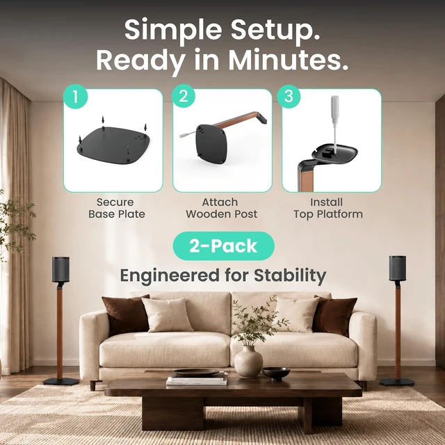 Alt view image 6 of 7 - Wood Speaker Stands for Sonos One, SL, Play:1, Pair 30.75" floor standing for SONOS One, One SL, and Play:1 Speakers, 22 lb capacity, cable management, walnut wood & black metal