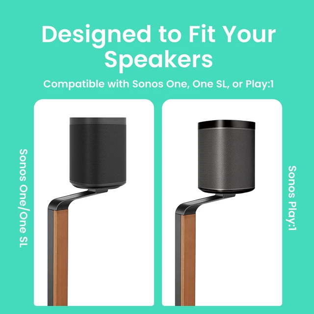 Alt view image 7 of 7 - Wood Speaker Stands for Sonos One, SL, Play:1, Pair 30.75" floor standing for SONOS One, One SL, and Play:1 Speakers, 22 lb capacity, cable management, walnut wood & black metal