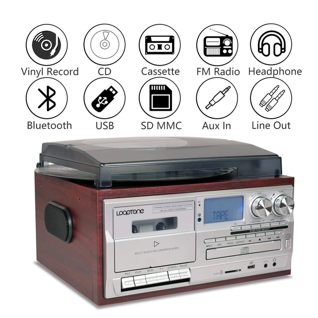 Alt view image 2 of 7 - Vinyl Record Player 9 in 1 3 Speed Bluetooth Vintage Turntable CD Cassette Player AM/FM Radio USB Recorder Aux-in RCA Line-Out (Silver)