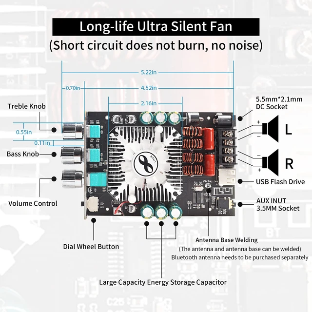 Alt view image 2 of 6 - 320W Power Amplifier Board 2.0 Channel 160W×2, 15V-36V Audio Power Amplifier Module with Treble and Bass Control,Black (Black3 ZK-1602T)