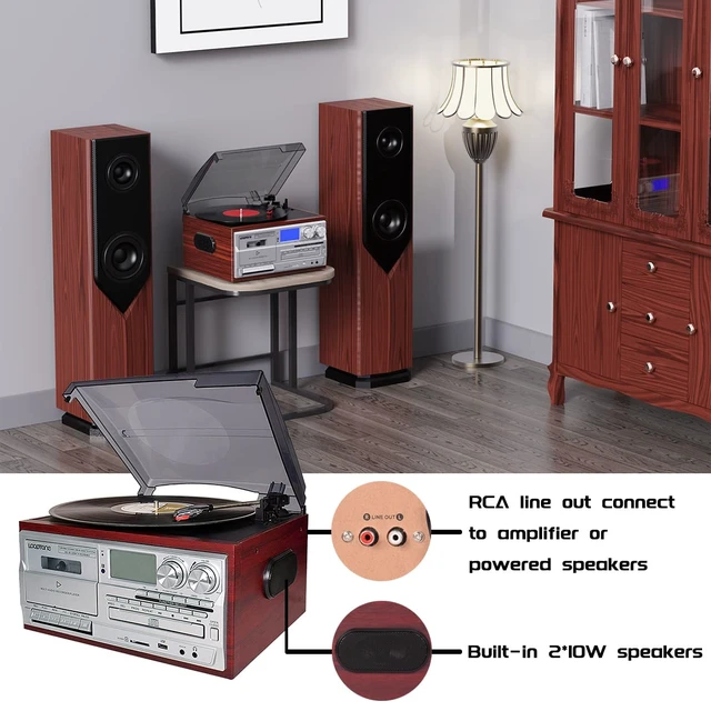 Alt view image 4 of 7 - Vinyl Record Player 9 in 1 3 Speed Bluetooth Vintage Turntable CD Cassette Player AM/FM Radio USB Recorder Aux-in RCA Line-Out (Silver)
