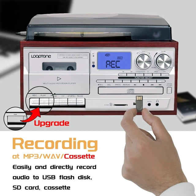 Alt view image 5 of 7 - Vinyl Record Player 9 in 1 3 Speed Bluetooth Vintage Turntable CD Cassette Player AM/FM Radio USB Recorder Aux-in RCA Line-Out (Silver)