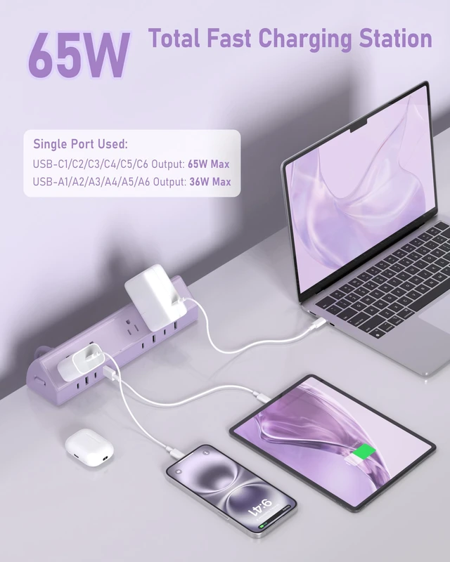 Alt view image 2 of 7 - Desk Clamp Power Strip USB C 65W,Surge Protector,Purple Surge Protector,5 Outlets,1875W Extension Cord,ETL Listed,Outlet Extender Desk Organizer,Office,Gaming,Dorm