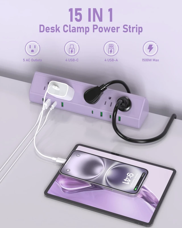 Alt view image 3 of 7 - Desk Clamp Power Strip USB C 65W,Surge Protector,Purple Surge Protector,5 Outlets,1875W Extension Cord,ETL Listed,Outlet Extender Desk Organizer,Office,Gaming,Dorm