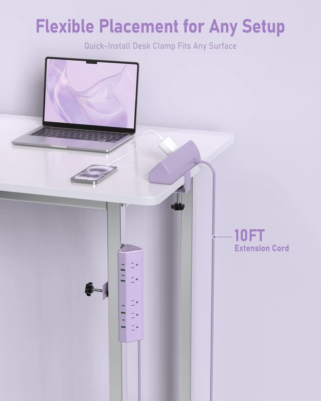 Alt view image 6 of 7 - Desk Clamp Power Strip USB C 65W,Surge Protector,Purple Surge Protector,5 Outlets,1875W Extension Cord,ETL Listed,Outlet Extender Desk Organizer,Office,Gaming,Dorm