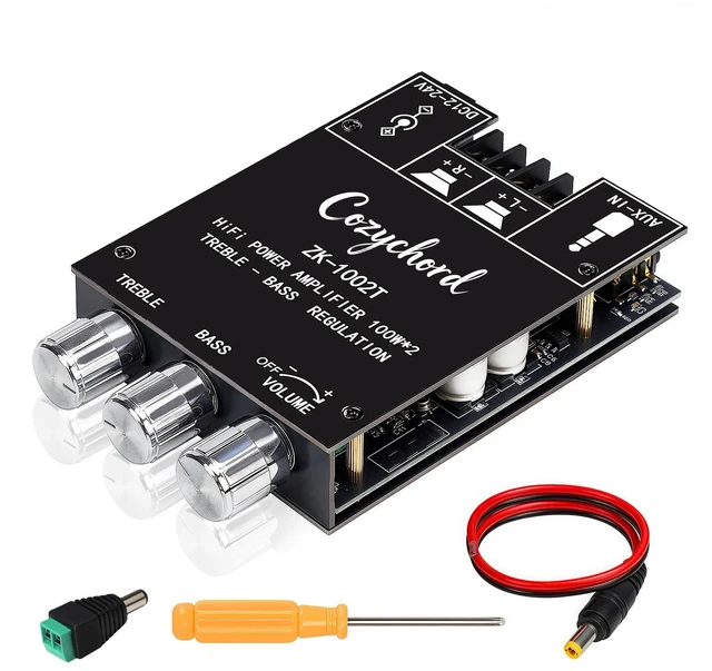 Main image of ZK-1002T Bluetooth 5.0 Stereo Amplifier Board, 200W HiFi 2.0 Channel Mini Audio Amp Module with Treble & Bass Control, AUX Input, DC 12V-24V for DIY Speakers,Home Audio