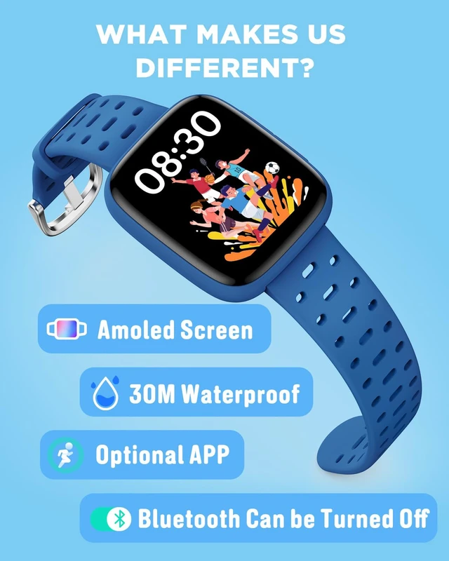Alt view image 2 of 7 - Kids Watch No Phone Needed, 1.8" Amoled Smart Fitness Watch Pedometer, Heart Rate, Sleep Tracker, 30m Waterproof, Step Counter, Games, 100+ Dials, Gifts for Boys Girls 5-16, Blue