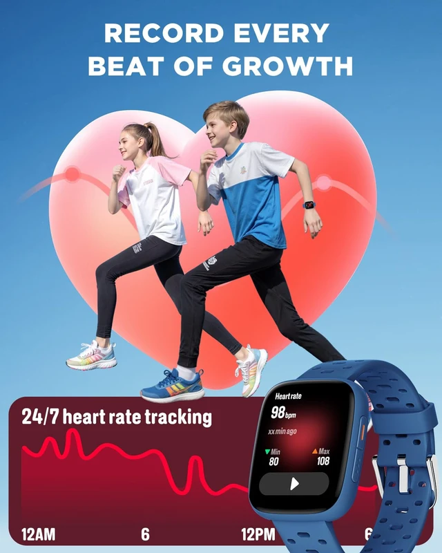 Alt view image 5 of 7 - Kids Watch No Phone Needed, 1.8" Amoled Smart Fitness Watch Pedometer, Heart Rate, Sleep Tracker, 30m Waterproof, Step Counter, Games, 100+ Dials, Gifts for Boys Girls 5-16, Blue