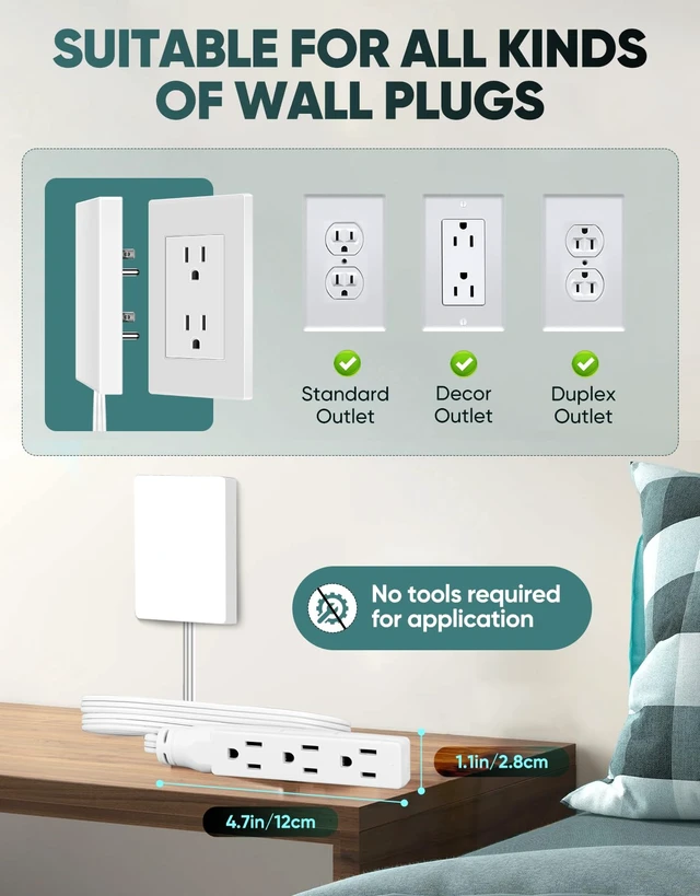 Alt view image 5 of 6 - Outlet Concealer Power Strip, Baby Proof Outlet Covers Ultra Flat Plug Cord, Outlet Cover Extender with 6 AC Outlets, 10FT, Child & Pet Safe(Dual 10 Foot)
