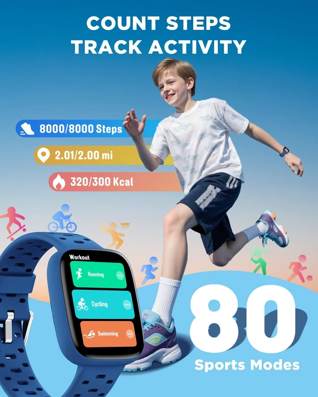 Alt view image 6 of 7 - Kids Watch No Phone Needed, 1.8" Amoled Smart Fitness Watch Pedometer, Heart Rate, Sleep Tracker, 30m Waterproof, Step Counter, Games, 100+ Dials, Gifts for Boys Girls 5-16, Blue