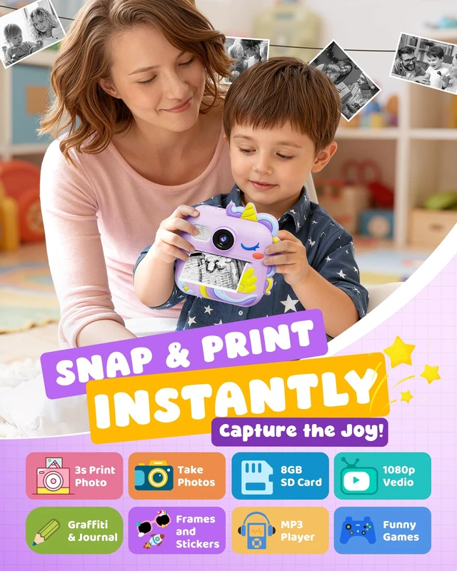 Alt view image 2 of 7 - Kids Camera Instant Print, Toddler Cameras Christmas Birthday Gifts for Girls Age 3-12, Digital Video Instant Printable Camera for Kids,Toys for Ages 5-7 Girls (Green)