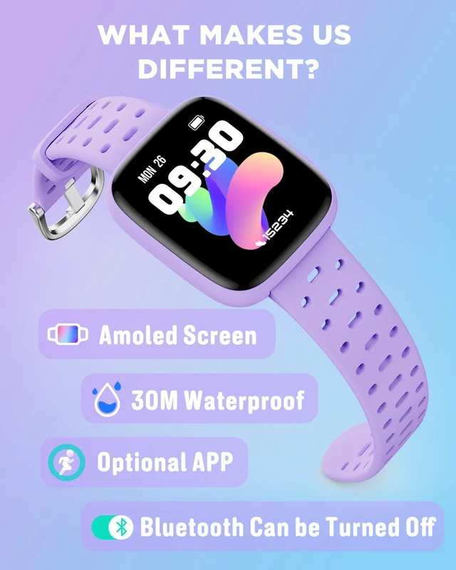 Alt view image 2 of 7 - Kids Watch No Phone Needed, 1.8" Amoled Smart Fitness Watch Pedometer, Heart Rate, Sleep Tracker, 30m Waterproof, Step Counter, Puzzle Games, 100+ Dials, Gifts for Girls 5-16, Lilac