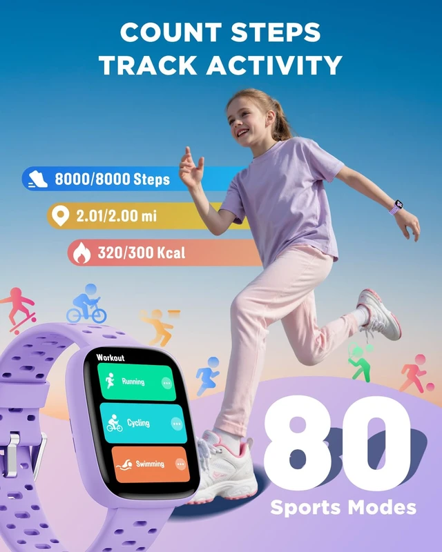 Alt view image 6 of 7 - Kids Watch No Phone Needed, 1.8" Amoled Smart Fitness Watch Pedometer, Heart Rate, Sleep Tracker, 30m Waterproof, Step Counter, Puzzle Games, 100+ Dials, Gifts for Girls 5-16, Lilac