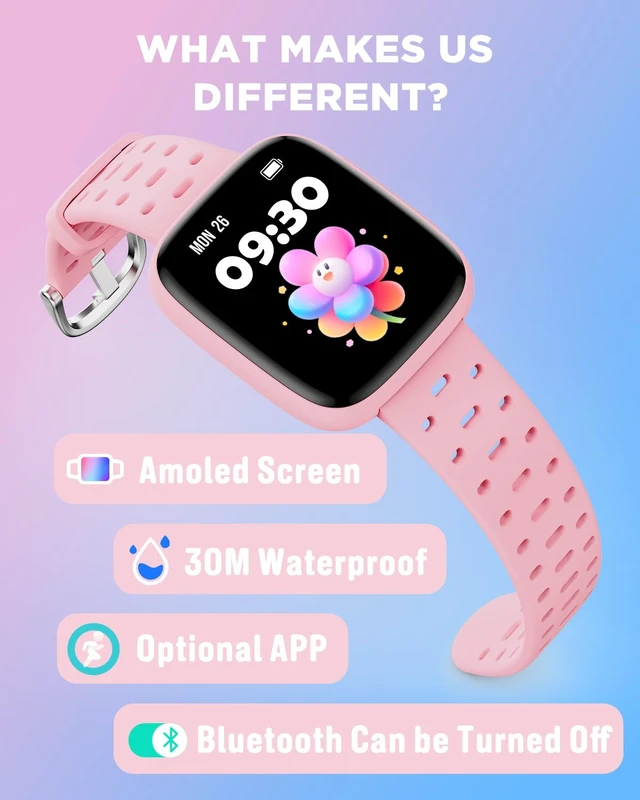 Alt view image 2 of 7 - Kids Watch No Phone Needed, 1.8" Amoled Smart Fitness Watch Pedometer, Heart Rate, Sleep Tracker, 30m Waterproof, Step Counter, Puzzle Games, 100+ Dials, Gifts for Girls 5-16, Pink
