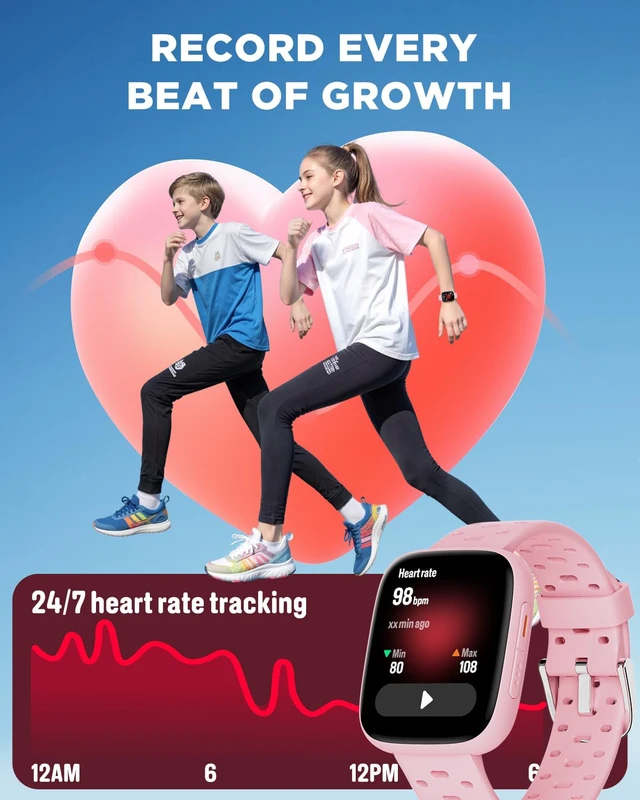 Alt view image 5 of 7 - Kids Watch No Phone Needed, 1.8" Amoled Smart Fitness Watch Pedometer, Heart Rate, Sleep Tracker, 30m Waterproof, Step Counter, Puzzle Games, 100+ Dials, Gifts for Girls 5-16, Pink