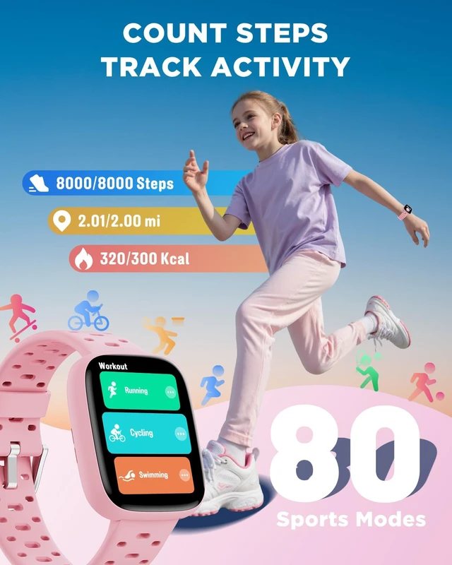 Alt view image 6 of 7 - Kids Watch No Phone Needed, 1.8" Amoled Smart Fitness Watch Pedometer, Heart Rate, Sleep Tracker, 30m Waterproof, Step Counter, Puzzle Games, 100+ Dials, Gifts for Girls 5-16, Pink