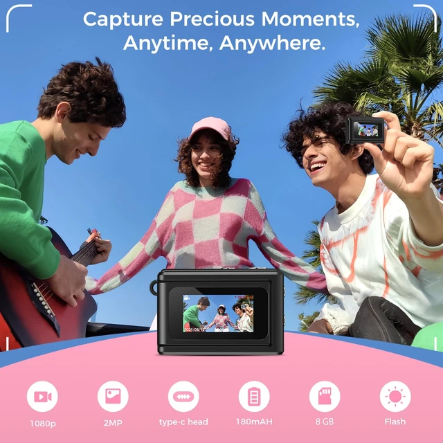 Alt view image 2 of 7 - Mini Keychain Digital Camera, Y2K Pocket-Size Mini Camera, 2MP 1080P Small Camera with 8GB Card, Video Recorder with Long Battery Life for Travel, Party and Vlog (Black)