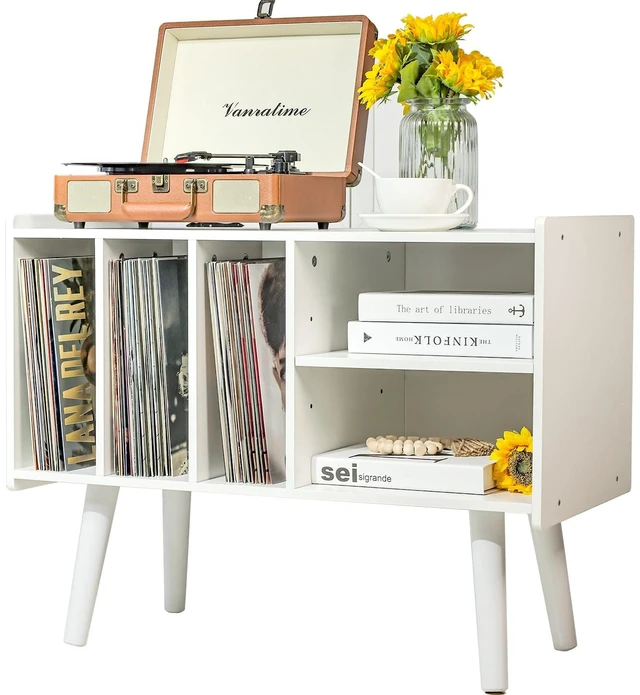 Main image of Record Player Stand with Vinyl Storage Holds Up to 300lb, Large Record Player Table Cabinet for Album Storage with Holder Vinyl Display Shelf, Wood Turntable Stand for Bedroom Living Room (White)