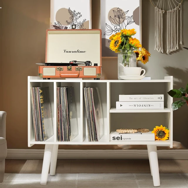 Alt view image 2 of 7 - Record Player Stand with Vinyl Storage Holds Up to 300lb, Large Record Player Table Cabinet for Album Storage with Holder Vinyl Display Shelf, Wood Turntable Stand for Bedroom Living Room (White)