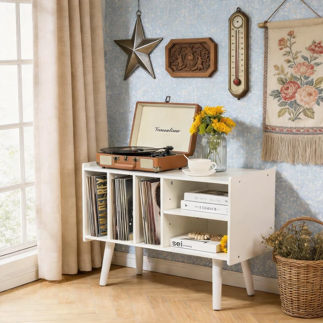 Alt view image 5 of 7 - Record Player Stand with Vinyl Storage Holds Up to 300lb, Large Record Player Table Cabinet for Album Storage with Holder Vinyl Display Shelf, Wood Turntable Stand for Bedroom Living Room (White)