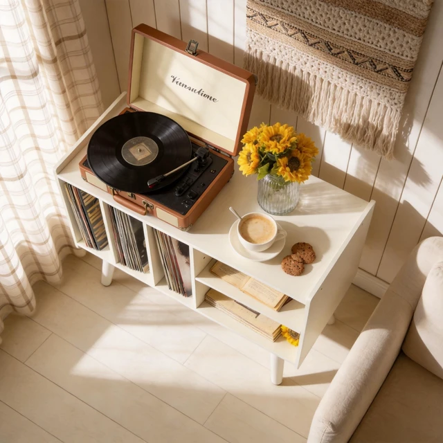 Alt view image 6 of 7 - Record Player Stand with Vinyl Storage Holds Up to 300lb, Large Record Player Table Cabinet for Album Storage with Holder Vinyl Display Shelf, Wood Turntable Stand for Bedroom Living Room (White)