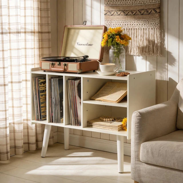 Alt view image 7 of 7 - Record Player Stand with Vinyl Storage Holds Up to 300lb, Large Record Player Table Cabinet for Album Storage with Holder Vinyl Display Shelf, Wood Turntable Stand for Bedroom Living Room (White)